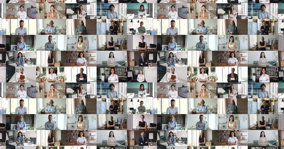 Zoom out collage view of diverse people, individuals of different ages, generations, ethnicities, and career roles, looking at camera, posing with arms-crossed at home and workplace office, portraits