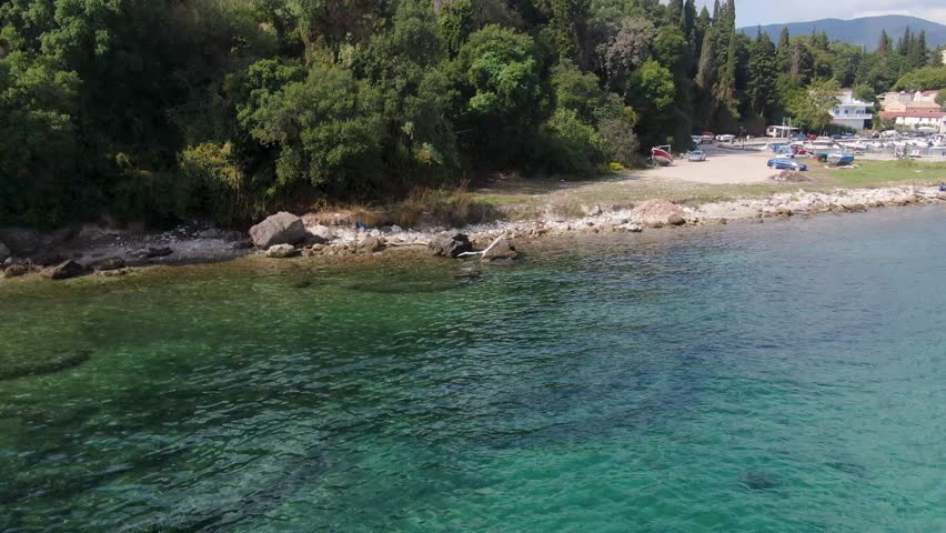 A vibrant blue floating dock stretches out into calm, turquoise water, with a backdrop of a tree-lined shore and a small village in the distance. The clear water reveals the seabed below, 