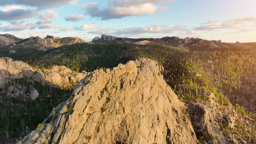 Aerial of the amazing landscape of the Black Hills in South Dakota at sunset.