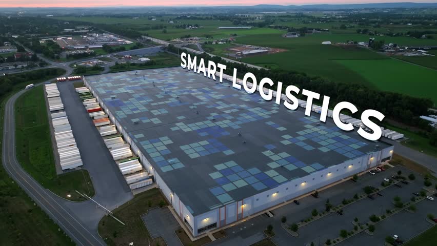 Aerial view at sunset of a large warehouse with animated smart logistics powered by AI, showcasing innovation in the transportation industry - Powered by Shutterstock - Get 15% off with code: PIKWIZARD15