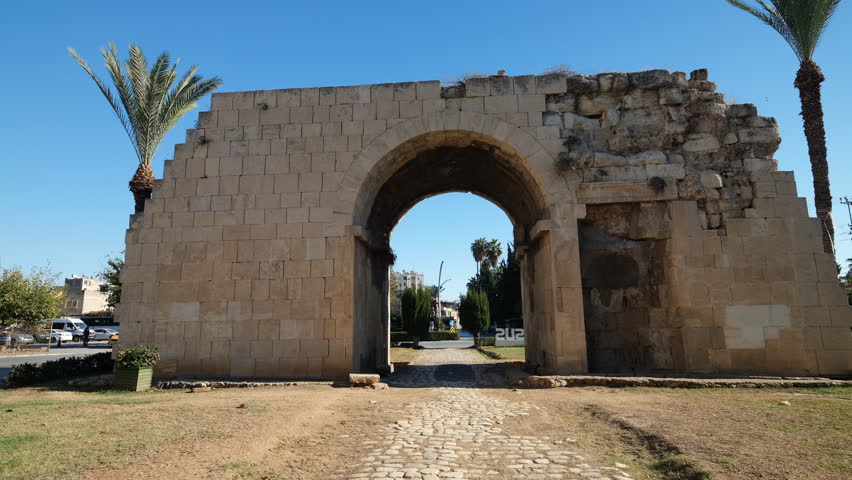 The historic Cleoptra gate or Sea gate in Tarsus district. Mersin city. Turkey country - 4k video 