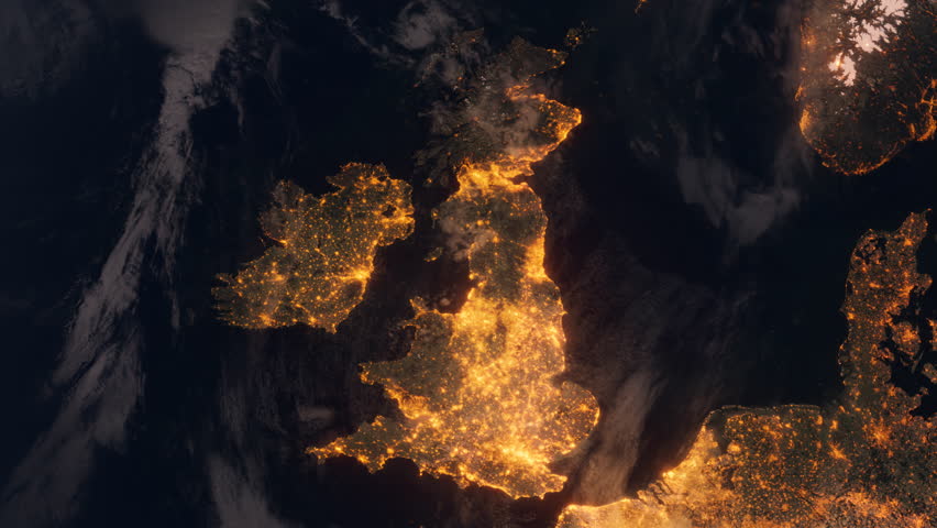 British Isles from Space at Night. Night City Lights. Earth From Space Orbit. England, United Kingdoms, Wales, Ireland, Scotland. 4K, 29,97 fps.