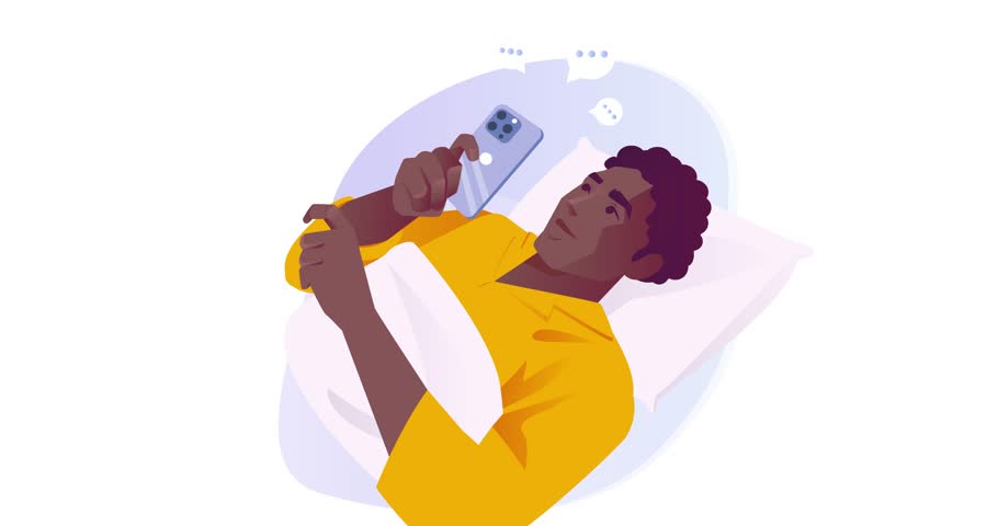 Social media user. Moving banner with man holding smartphone and communicating online on social networks or messengers. Character sends messages to chat with friends. Cartoon flat animated graphics