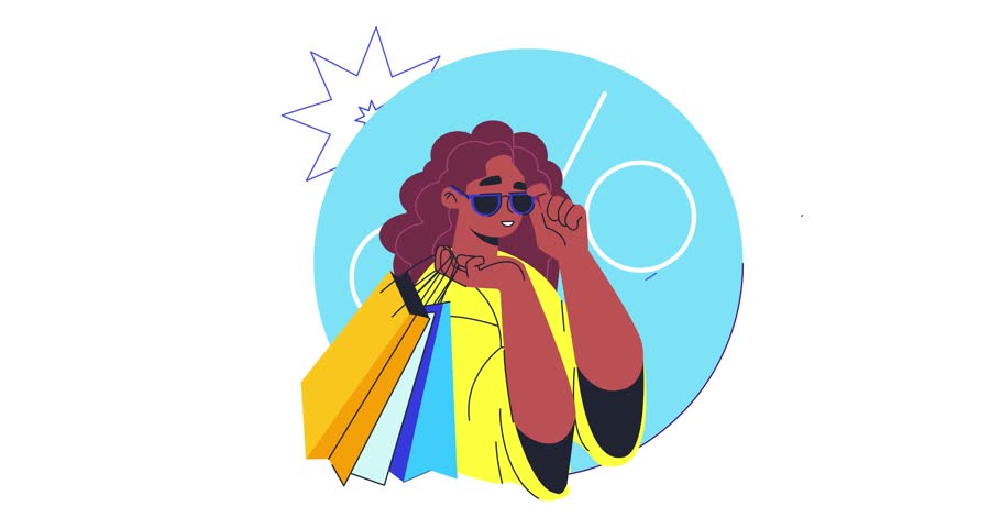 Online shopping and E-commerce. Moving banner with stylish girl holding shopping bags. Character makes purchases on Internet during seasonal sale. Cartoon flat animated graphics