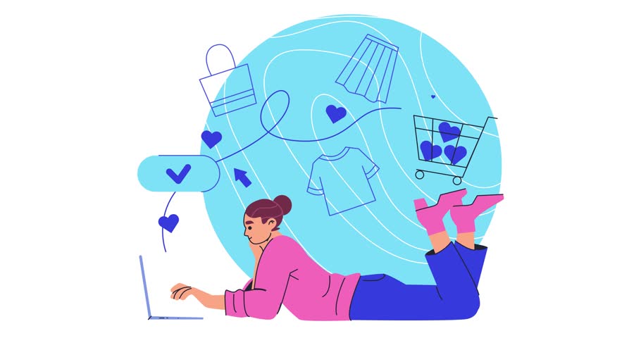 Online shopping and E-commerce. Moving banner with girl making purchases in online store or marketplace during sale. Character with laptop orders clothes. Cartoon flat animated graphics