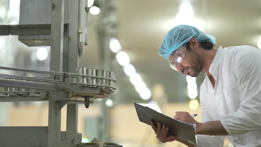 Engineer supervising the food production process in a high tech manufacturing plant inspecting conveyor systems for quality assurance showcasing modern technology in industrial processes.