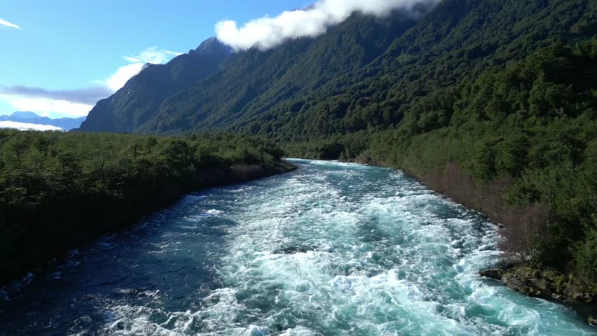 Mountain River with Rapids Flowing through a Lush Forest Valley