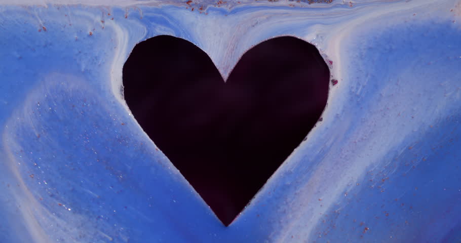 Heart symbol. Paint valentine. Defocused blue white multicolor ink yellow sparkle particle glow black love frame texture wave on abstract art romantic background.