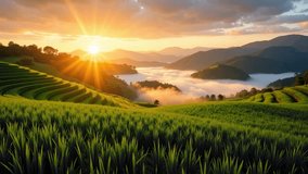 Golden Sunrise Over Curved Rice Terraces and Misty Valleys in a Tranquil Mountain Landscape - Powered by Shutterstock - Get 15% off with code: PIKWIZARD15