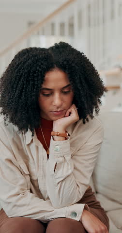 Angry, woman and conflict with fight on sofa for marriage problem, break up and cheating affair in home. Frustrated, person and disagreement with partner on couch for toxic relationship and jealousy