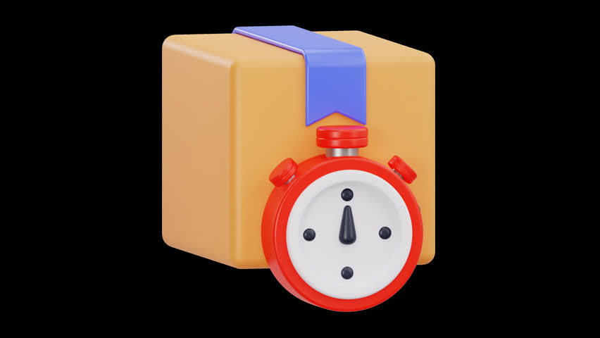3D Animation of Delivery Time with Package and Stopwatch, Alpha Channel, Prores