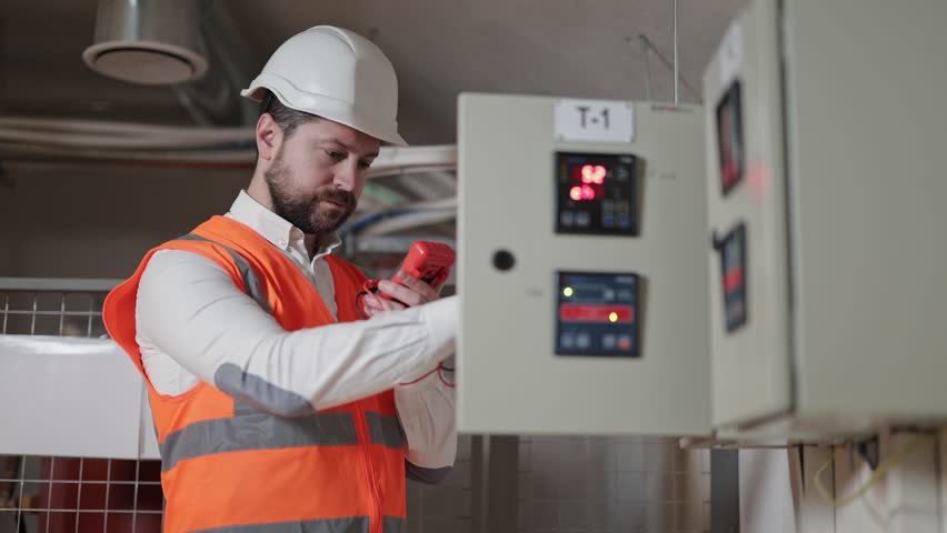 Serious electrical engineer in orange vest and white hard hat adjusts electrical control panel. Industrial environment with wires pipes. Close up of male technician working on electrical switchboard.