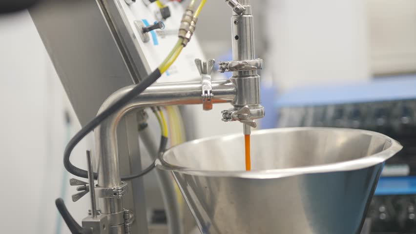 A silver bowl with a liquid in it is being poured into a machine. The machine is silver and has a blue hose attached to it