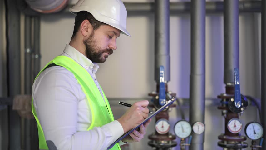 Bearded man in a boiler room takes notes. Industrial environment with pipes, valves, and pressure sensors. Workplace safety.