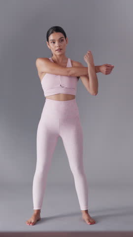 Woman, fitness or model with photoshoot in studio for sport fashion or workout magazine. Female person, artist or pose in active clothing for picture production or training catalog at digital agency