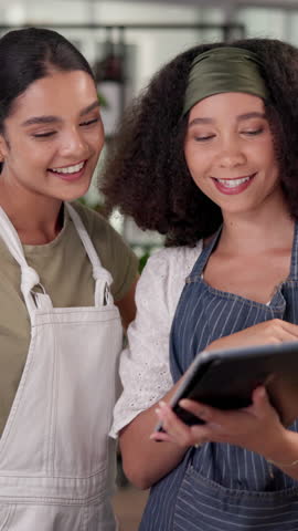 Cafe, training and women on tablet for teamwork online for inventory, menu items and stock at restaurant. Coffee shop, small business and people on digital tech for service, website and orders