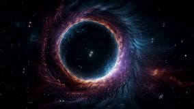 artistic visualization of a black hole in space. The center of the black hole is visible as a dark area, surrounded by a vortex of glowing energy in spectacular colors such as purple, blue and orange - Powered by Shutterstock - Get 15% off with code: PIKWIZARD15