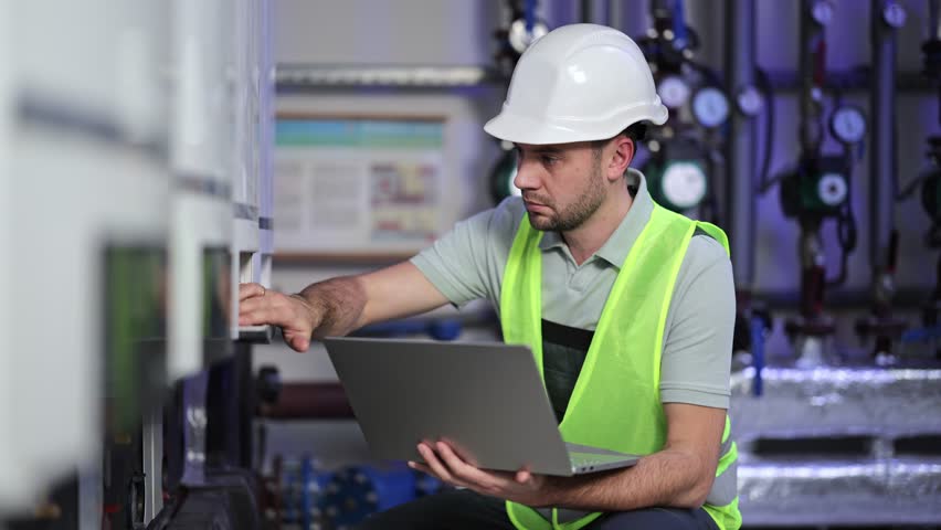 Focused male engineer in boiler room uses laptop, presses buttons, monitors heating system equipment. Industrial workplace, safety, technology.