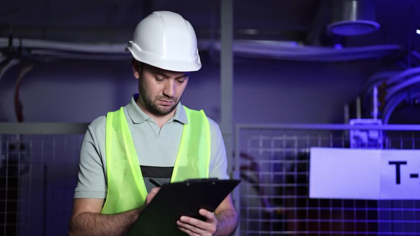 Serious electrical engineer in uniform and helmet inspects an electrical switchboard or control panel in an industrial environment. The man writes down the data on a tablet. Industrial electrical