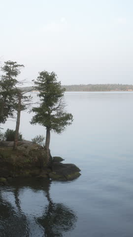 Vertical shot of a serene rock peninsula with trees reflecting on the calm waters of the St. Lawrence River. Captured at Wellesley Island State Park in Fineview, NY.