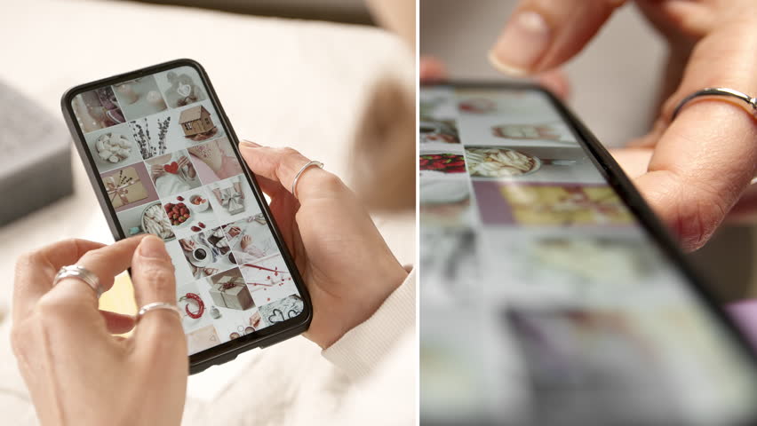 Collage of a woman browsing a photo gallery on her phone. Online social network on a smartphone screen. Using a gadget, scrolling.