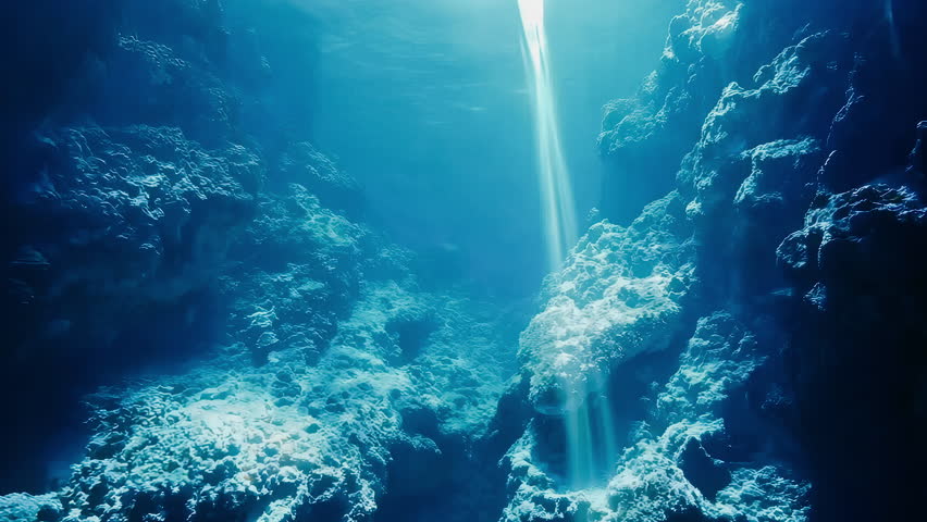 A mesmerizing view of the oceans depths highlights vibrant coral formations lit beautifully by sunlight