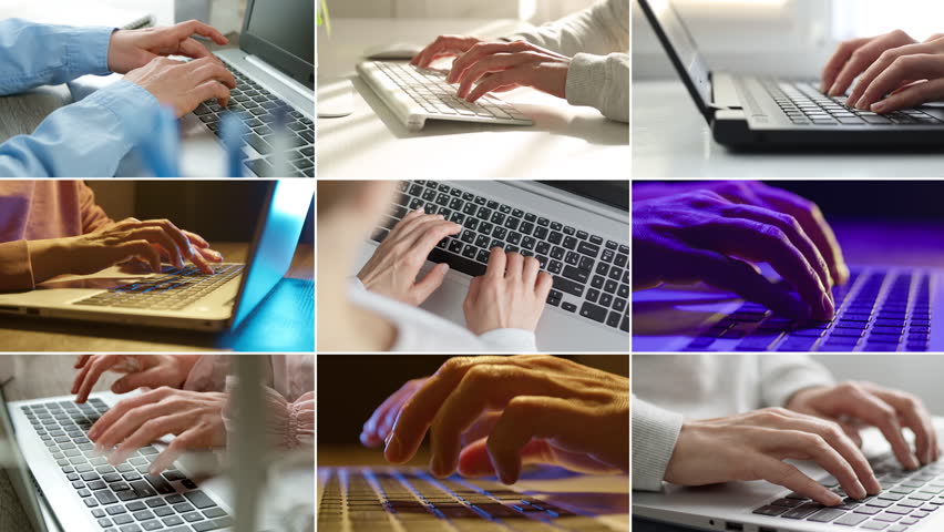 Collage of hands working on laptop. Close-up of fingers typing on notebook keyboard. Using computer.