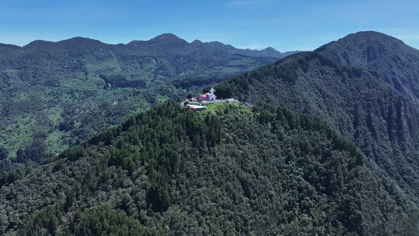 Virgen De Guadalupe Sanctuary At Bogota In Cundinamarca Colombia. Virgin Of Guadalupe Landscape. Religion Background. Bogota At Cundinamarca Colombia. Church Aerial View. Landmark Statue.