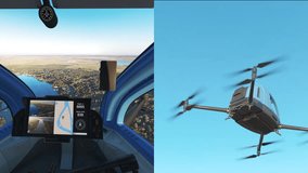 Multi screen collage of a modern air taxi. The air taxi takes off, turns around and flies away into the distance. POV a person controls from cockpit, and bottom view of fly vehicle. 3d rendering. - Powered by Shutterstock - Get 15% off with code: PIKWIZARD15