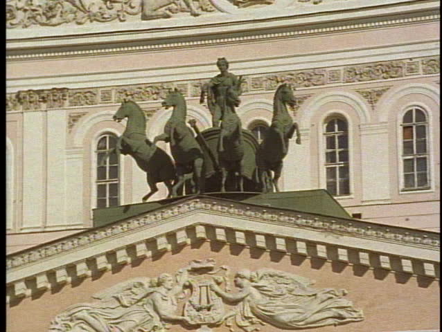 Moscow, Russia, Bolshoi Theatre, close-up top of the statue of the horsemen