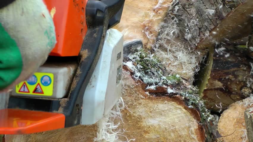 Chainsaw Cutting Wood - Rear View Close Up