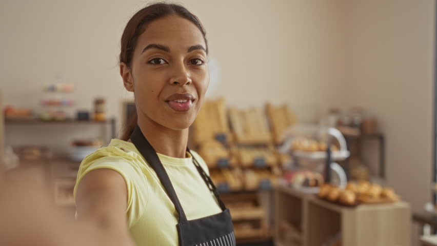 Woman showcasing bakery goods during a video call in a cozy bakery shop.