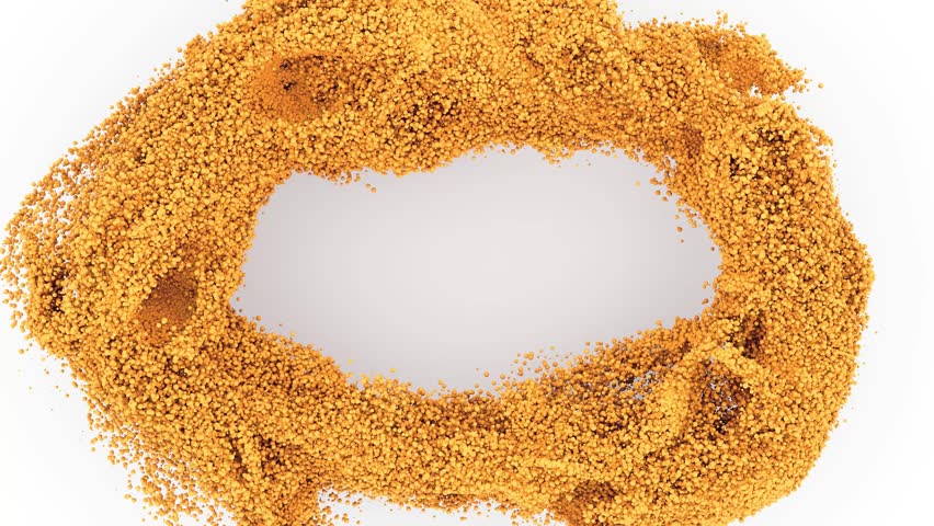 Golden brown granular particles form a textured circular shape against a bright white background, ideal for creative layouts.