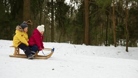 Kids walking in winter forest and sliding a wooden sleigh by the snow mountain. - Powered by Shutterstock - Get 15% off with code: PIKWIZARD15