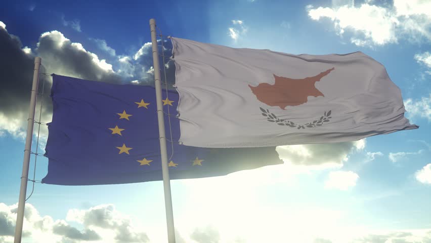 Republic of Cyprus and European Union flags waving on the wind. Democracy and politics. European country