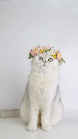 Cat with flower crown sitting gracefully in a minimalist setting