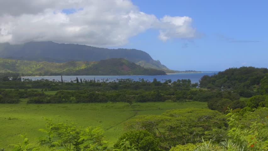 Footage of Hanalei Valley in Kauai Hawaii on a sunny day, showcasing lush tropical greenery, rugged mountains, and the ocean glistening in the distance