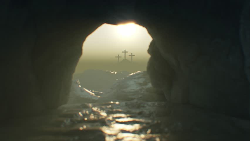 The stone of Jesus' tomb rolls aside, unveiling Golgotha in the distance with three crosses backlit by the rising sun. The camera moves between the two sites.