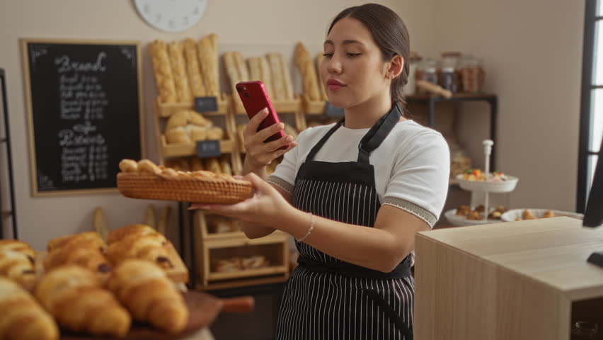 Young woman in a bakery taking a photo of a bread basket with her mobile phone, surrounded by various baked goods and bakery interior elements in the background