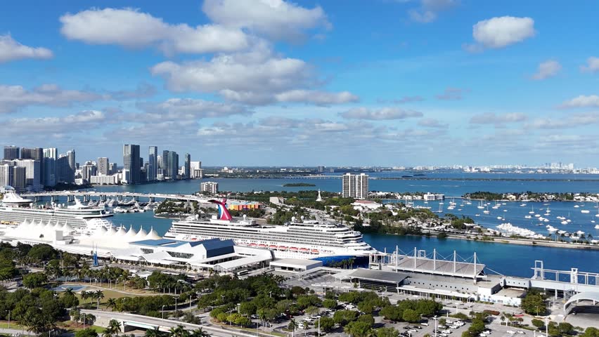 Cruise Ship At Port Miami At Miami Florida United States. Freight Ship Skyscraper. Streets Landscape Capital City Vibrant. Streets Urban Capital City Commercial Building Town.