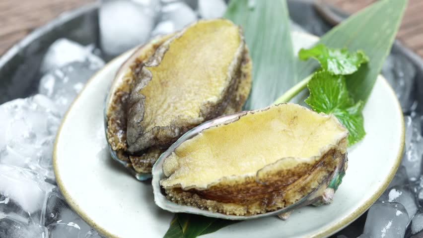 Fresh Raw Abalones in black plate with ice on wooden background, Fresh Abalones in black plate on wooden table.