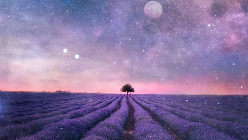 Lavender field at night with a lone tree under the Milky Way and a glowing twilight horizon. Nature and celestial concept
