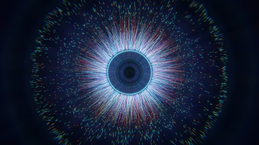 Colorful particles exploding from a glowing eye pupil dilating and contracting. 3D rendering