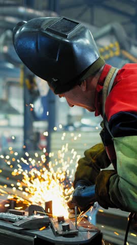 A skilled worker engages in welding activity, creating bright sparks while fabricating metal components in a busy industrial workshop, showcasing craftsmanship and technique.