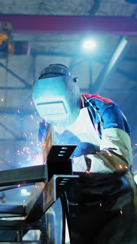 A skilled welder meticulously works on a metal structure inside a workshop, surrounded by tools and equipment. The focus on craftsmanship highlights the importance of precision in metalworking.