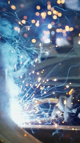 A skilled worker performs welding in a well-lit workshop, creating bright sparks and molten metal. The atmosphere is focused and energetic, showcasing the craftsmanship in action.