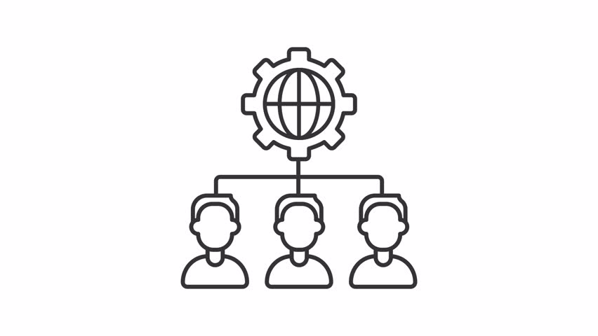 Outsource organization line animation. Remote work animated icon. Rotating gear, spinning planet. Black illustration on white background. HD video with alpha channel. Motion graphic