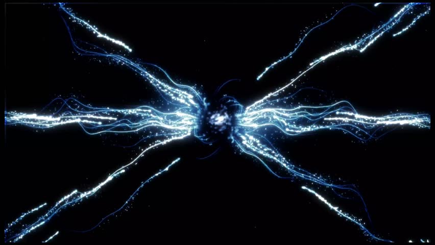 Particle digital energy lightning animation with glowing effects on black screen creating a powerful dynamic energy blast with vivid lighting and motion