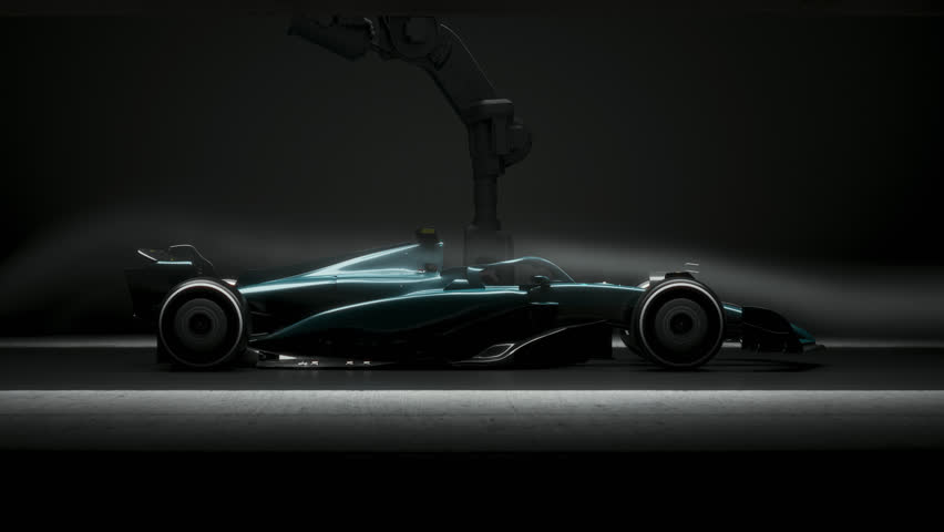 Aerodynamic race car undergoing testing in a wind tunnel. Captivating silhouette highlights advanced design and high-tech performance optimization