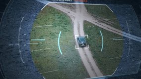 Live tracking software on a computer screen. Car Detected and Captured by Futuristic Spy Technology. Drone is Tracking the Car Driving on a field. Computer User interface. Live drone camera.Close up - Powered by Shutterstock - Get 15% off with code: PIKWIZARD15